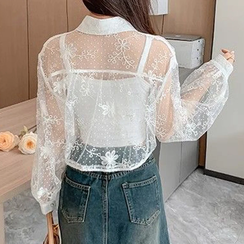 Women\'s Vintage Chinese Style Lace Long Sleeve Sunscreen Shirt Summer Sexy See Through Sweet Chic Blouse Female Solid Loose Tops