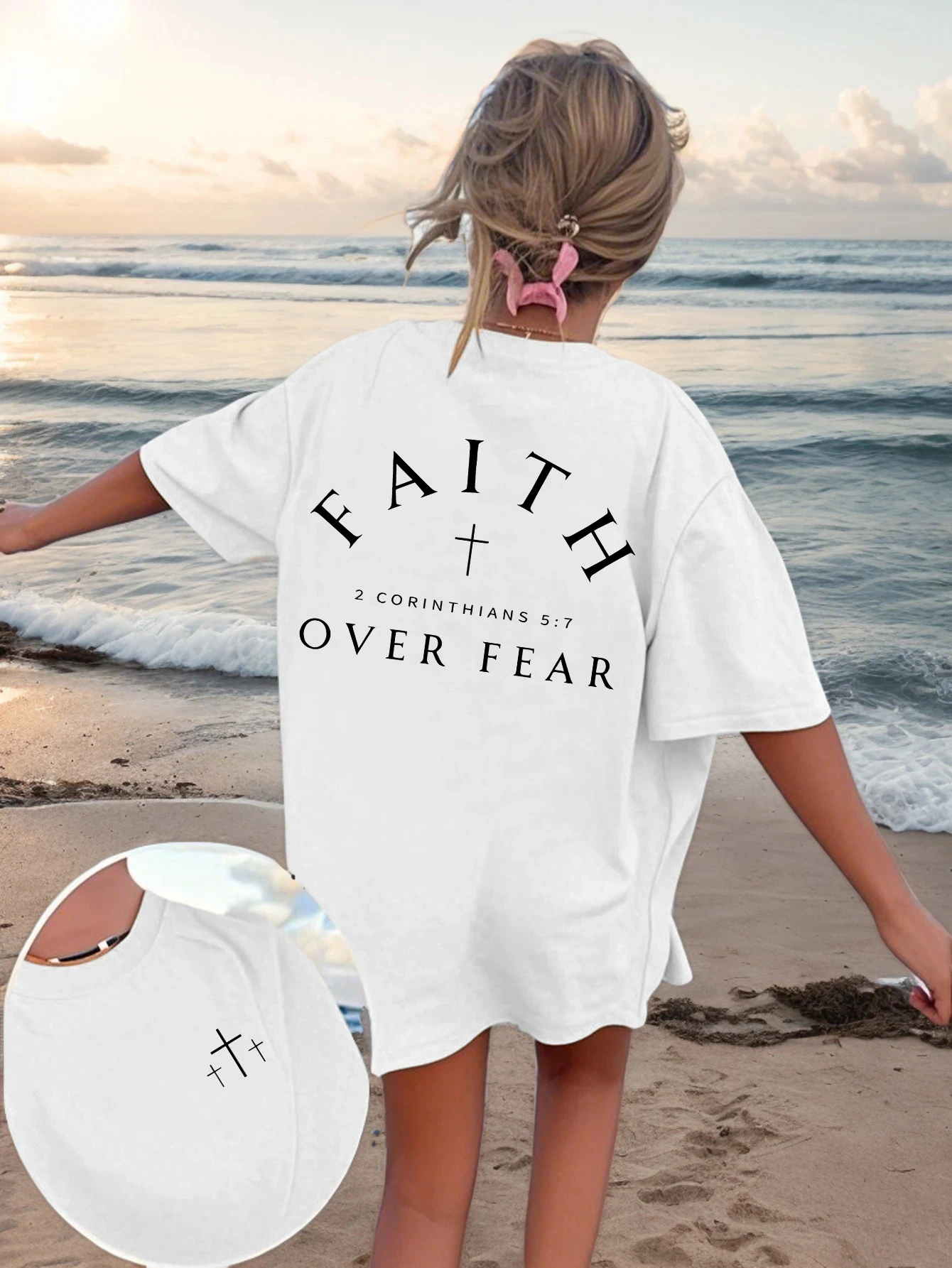 Summer Faith Over Fear Bedruckte T-Shirts für Damen, Baumwolle, übergroße T-Shirts, Basic-T-Shirts mit O-Ausschnitt und kurzen Ärmeln, lässige Damenkleidung