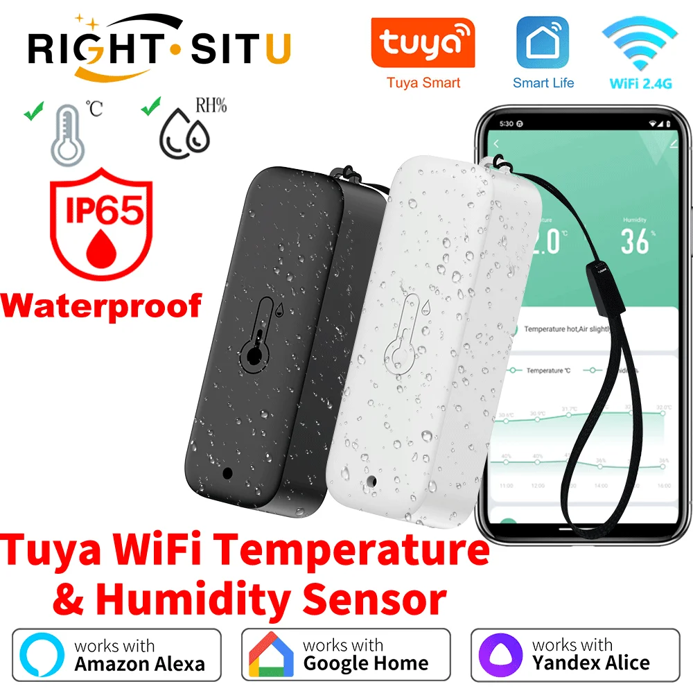 

Датчик температуры и влажности Tuya Wi-Fi, водонепроницаемый термометр, приложение Smart Life, удаленный мониторинг, работа с Google Assistant Alexa