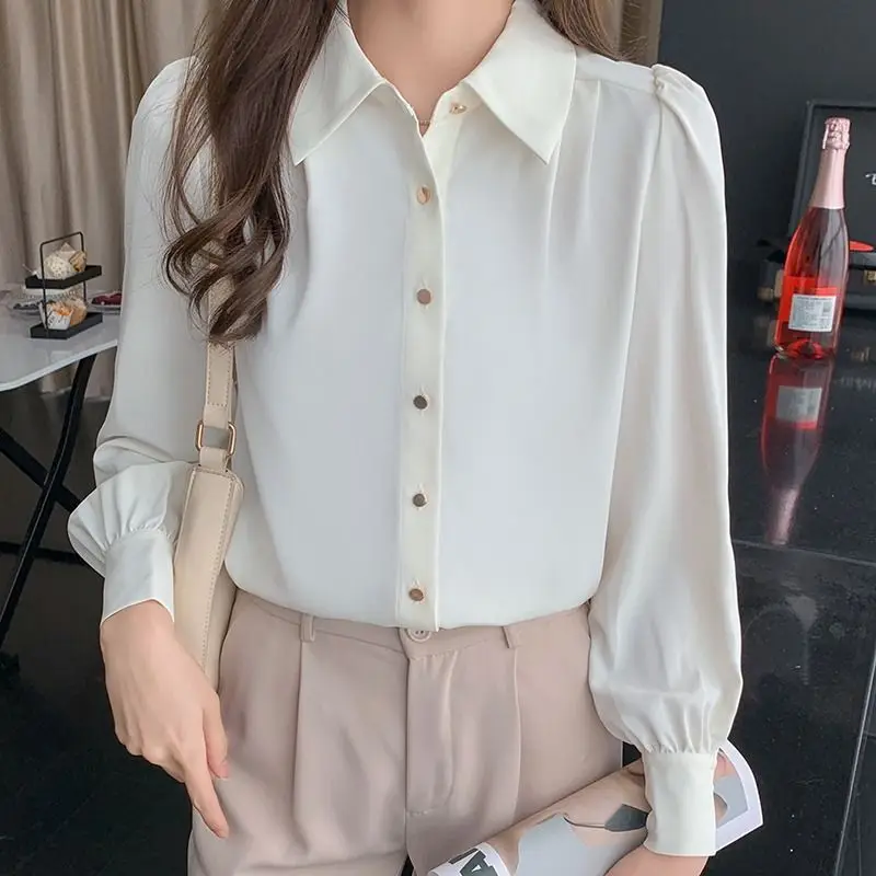 

Дизайнерская женская шифоновая блузка-рубашка с длинным рукавом для осени и зимы, больших размеров, стройнящая, профессиональная, белая, в корейском стиле...