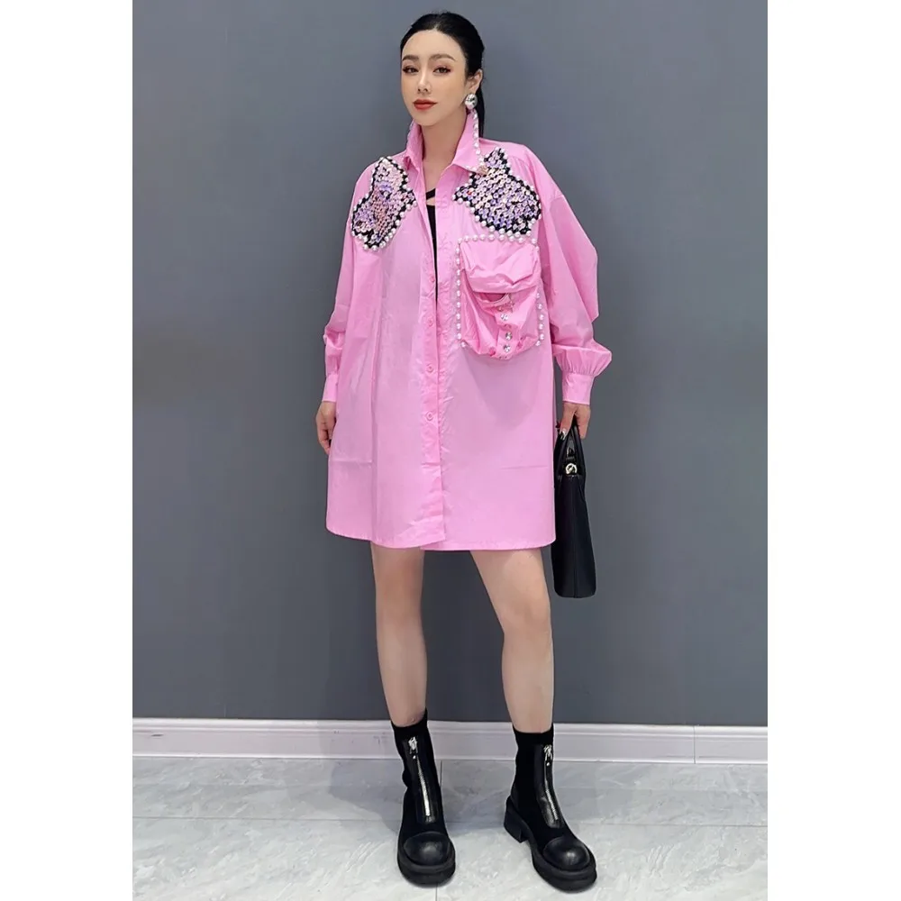 

2024 Spring Autumn New Heavy Industry Shirt Women Long Sleeved Large Pocket Nailed Beads Diamonds Loose Fashion Thin Coat LX1772