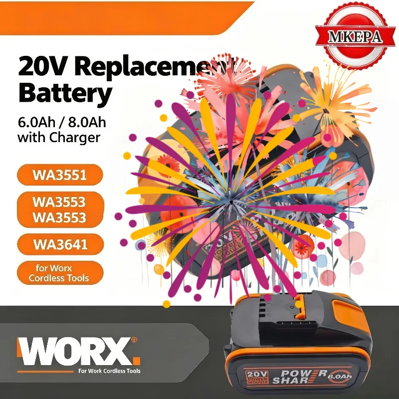 For Worx 20V Cordless Tools 6.0Ah 8.0Ah Lithium‑Ion Spare Battery Pack With Charger No Memory Self‑discharge Effect