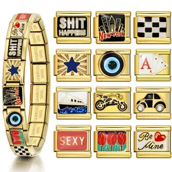 1pc Y2K Gold Color Italian Charm Bracelet Stainless Steel Star Eye Poker DIY Making Elastic Link Chain Fashion Jewelry
