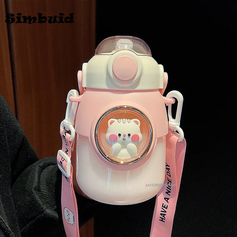Cute Kids Water Bottles With Straw For Girls Children\'s 820ml Large Capacity Kawaii Cartoon Student School Travel Water Cup