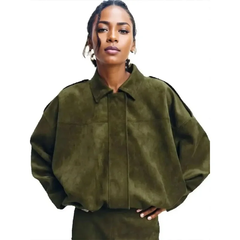 

Новая женская куртка из искусственной замши с воротником и бретелями, свободного кроя, с рукавами «летучая мышь», оливково-зеленая, оверсайз, верхняя одежда