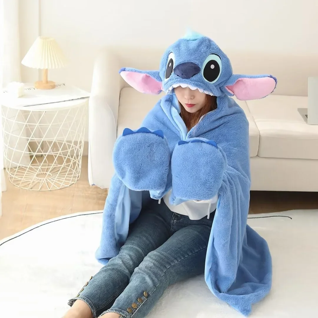 Disney Thickened Stitch Hooded Cloak Blanket Cartoon Stitch Warm Nap Blanket Bedroom Office Car Reading Blanket With Hat Gift