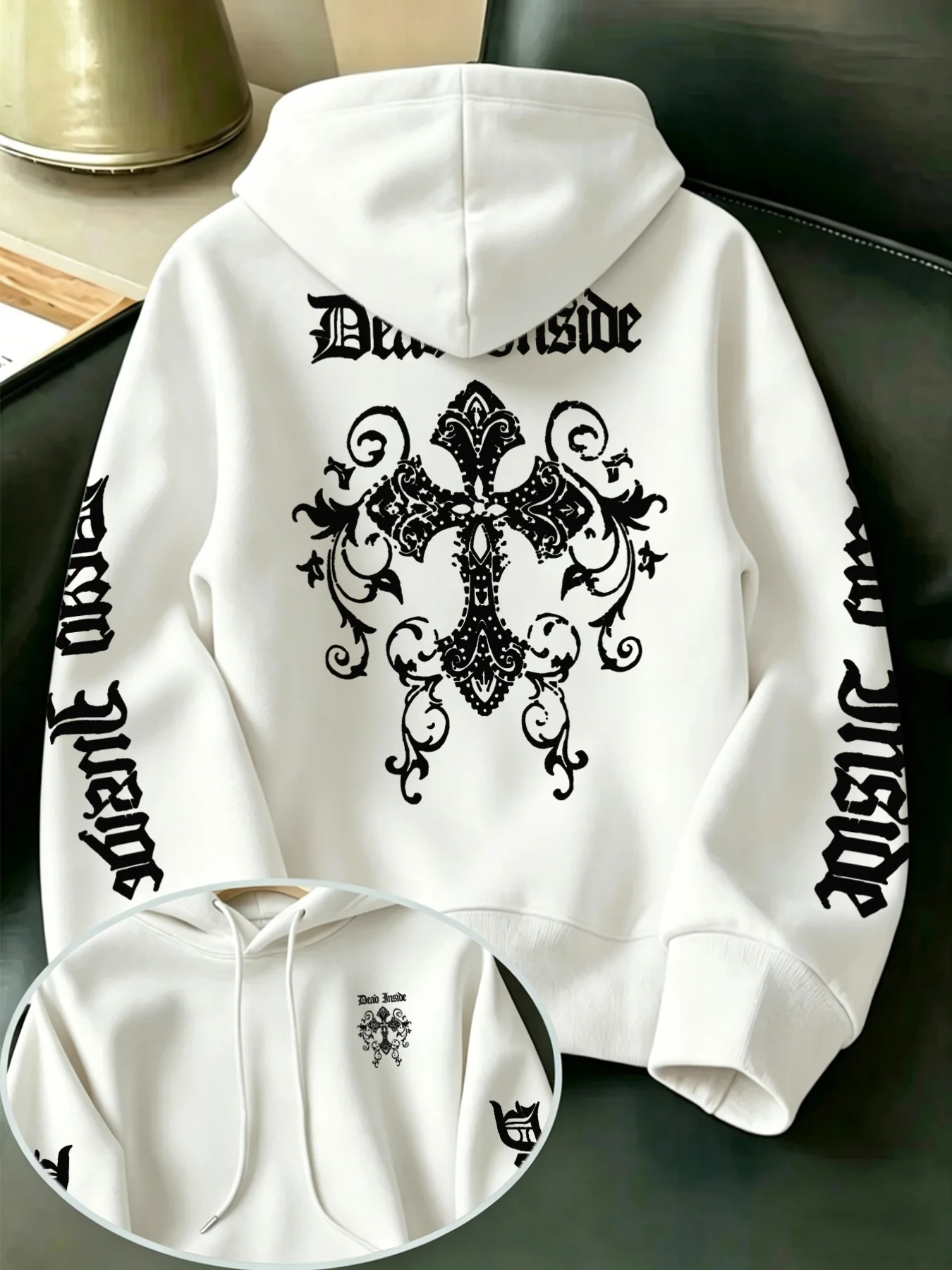 Unisex Gothic-style drawstring hoodie featuring a vintage ornate cross print—suitable for autumn and winter.