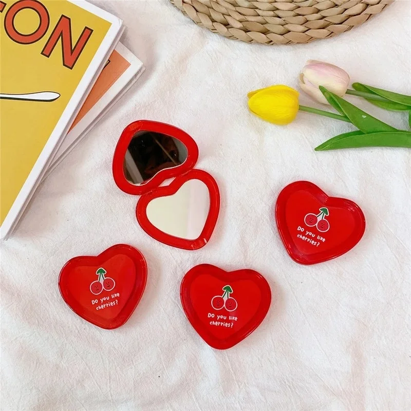 L450  Portable Double-Sided Folding Cosmetic Mirror Cherry Love Mirror Portable Makeup Mirror Heart Mirror Women Gift Purse