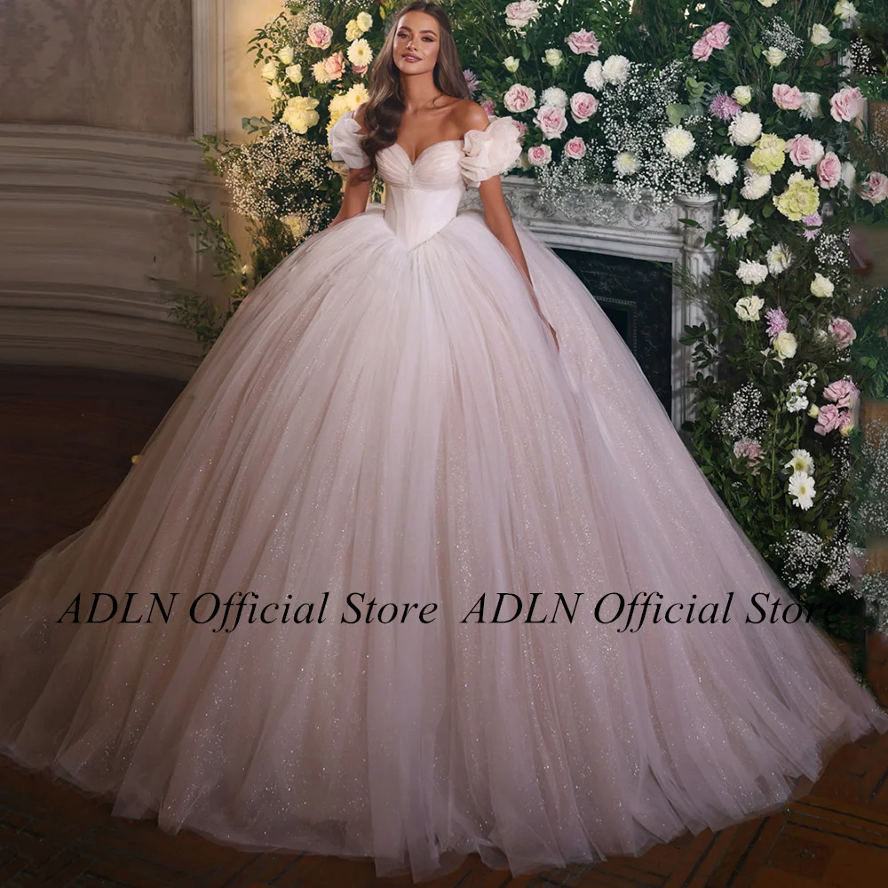 

ADLN Ball Gown Wedding Dress Off The Shoulder Sweetheart Pleat Sweep Train Vestido De Noiva Glitter Tulle Bridal