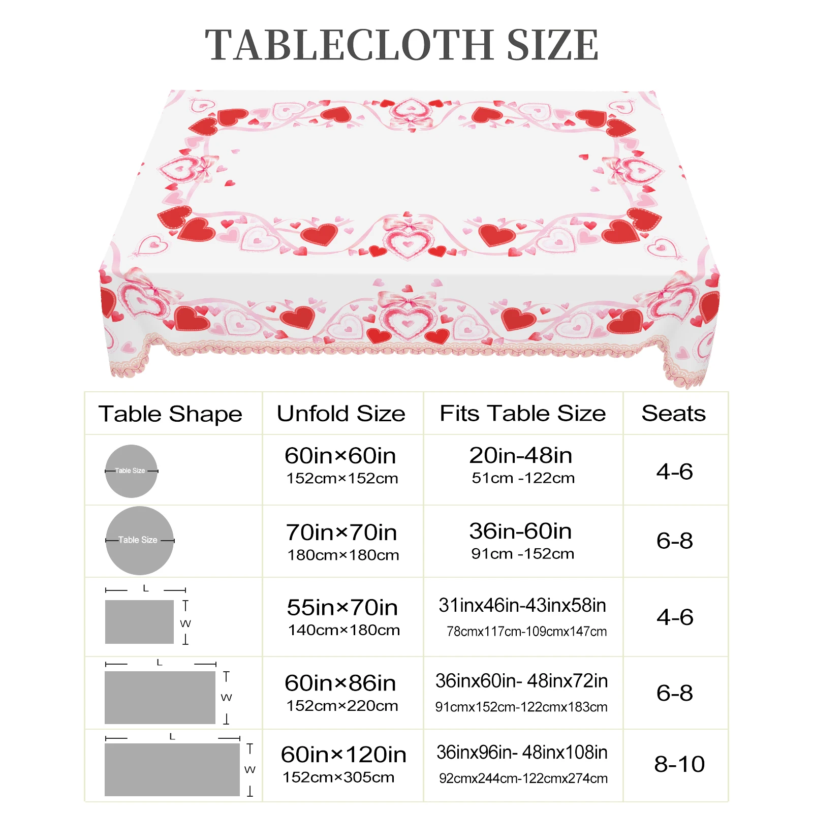 1 Piece Valentine\'s Day Round Tablecloth, 5 Sizes, Spring Romantic Heart-Shaped Printed Square Tablecloth, Edge Embossing Process, Wedding