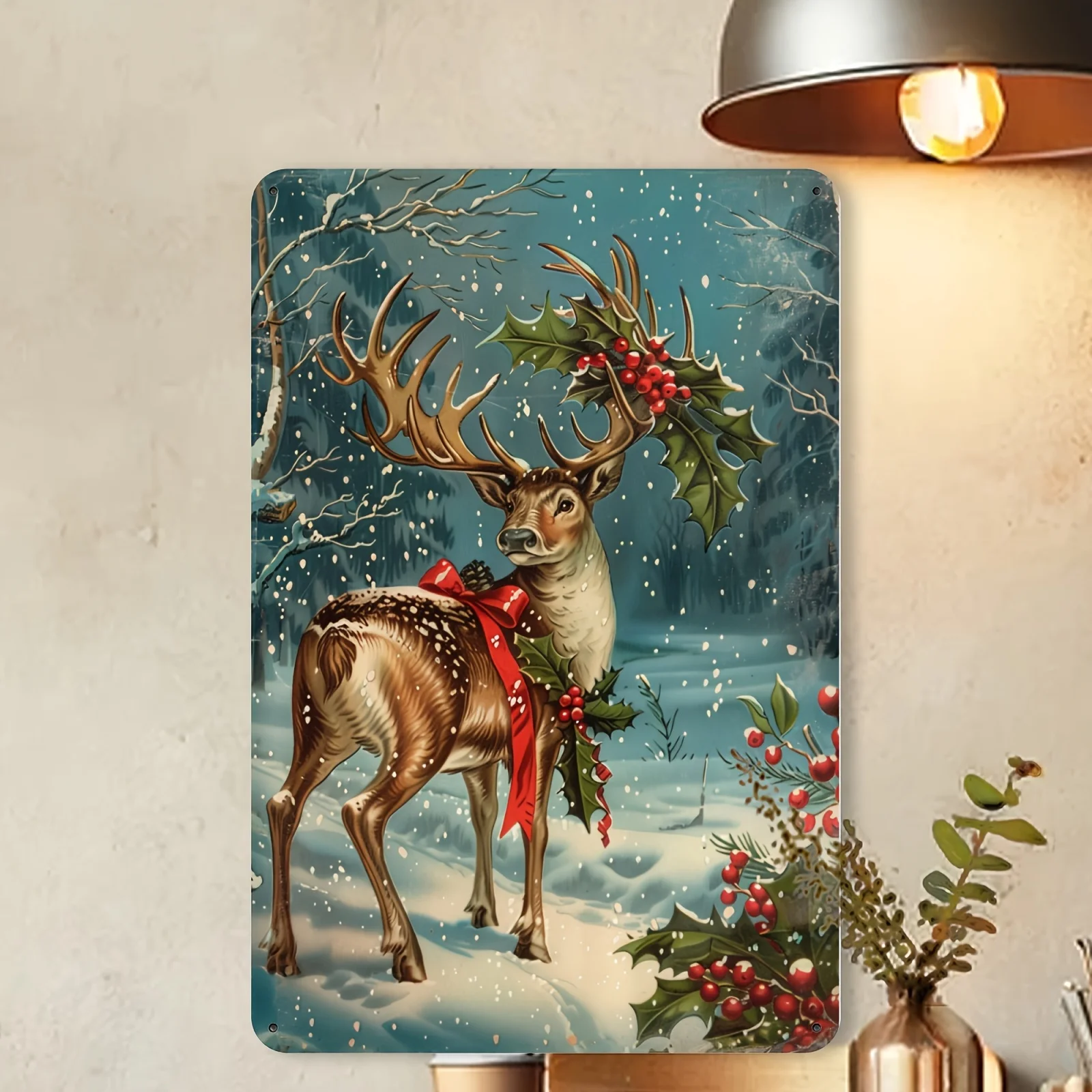 قطعة واحدة من لافتة قصدير حديد الرنة لعيد الميلاد العتيق - فن جداري احتفالي مقاس 8 × 12 بوصة للمنزل والمطعم والبار والمقهى وديكور المرآب - Met