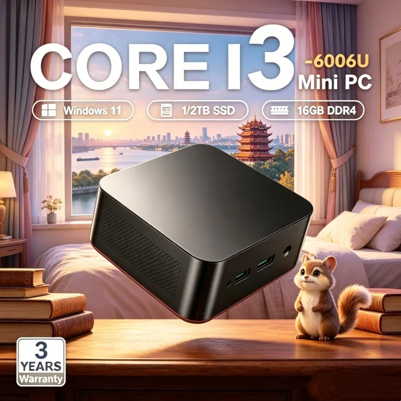 2026 레어피 컴팩트 미니 PC 윈도우 11 프로 코어 i3 6006U 램 1TB SSD WIFI 6 BT5.2 4K HD 스린틀랜트 멜로우 게이밍 홈