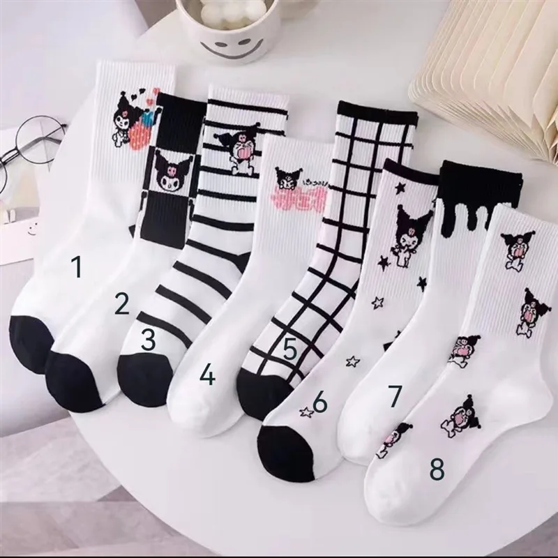 8Pcs Hot Sanrios Four Seasons Female Medium Socks Kawaii Kuromi Cartoon Anti-Odor Breathable Sports Cotton Socks Household Items