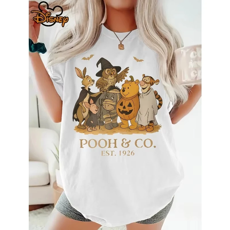 

MINISO New Winnie The Pooh Cartoon Print T-shirt Halloween Disney Women Plus Size American Trend Loose Casual Short-sleeved Top