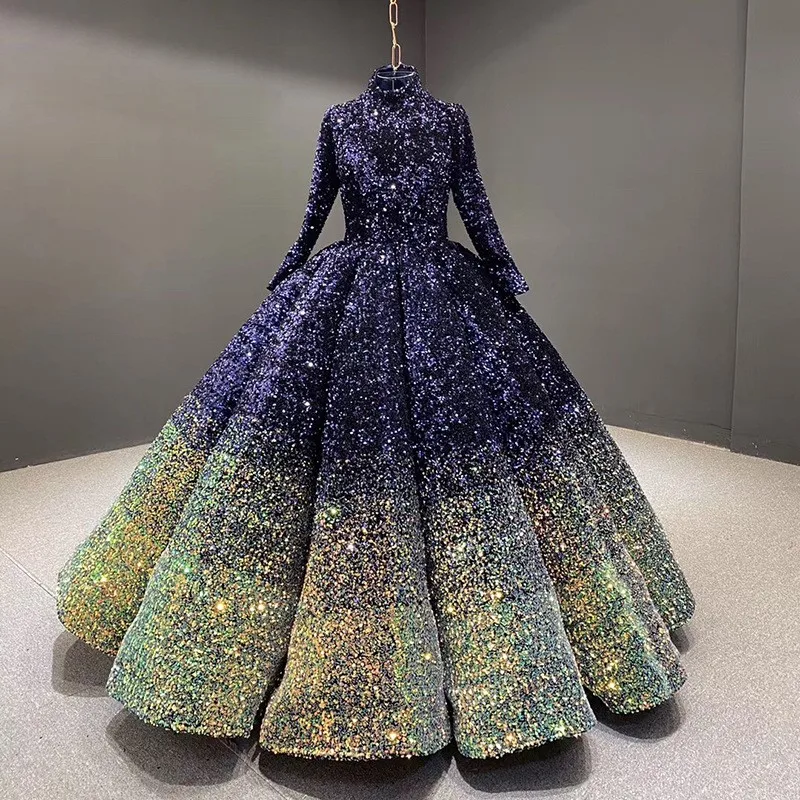 Dreamy gradient sequined dance ball puffy stand-up collar long-sleeved performance dress
