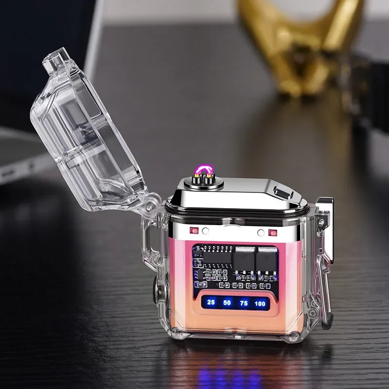 1pc Outdoor waterproof lighting electric lighter - transparent curved design with rechargeable power display screen