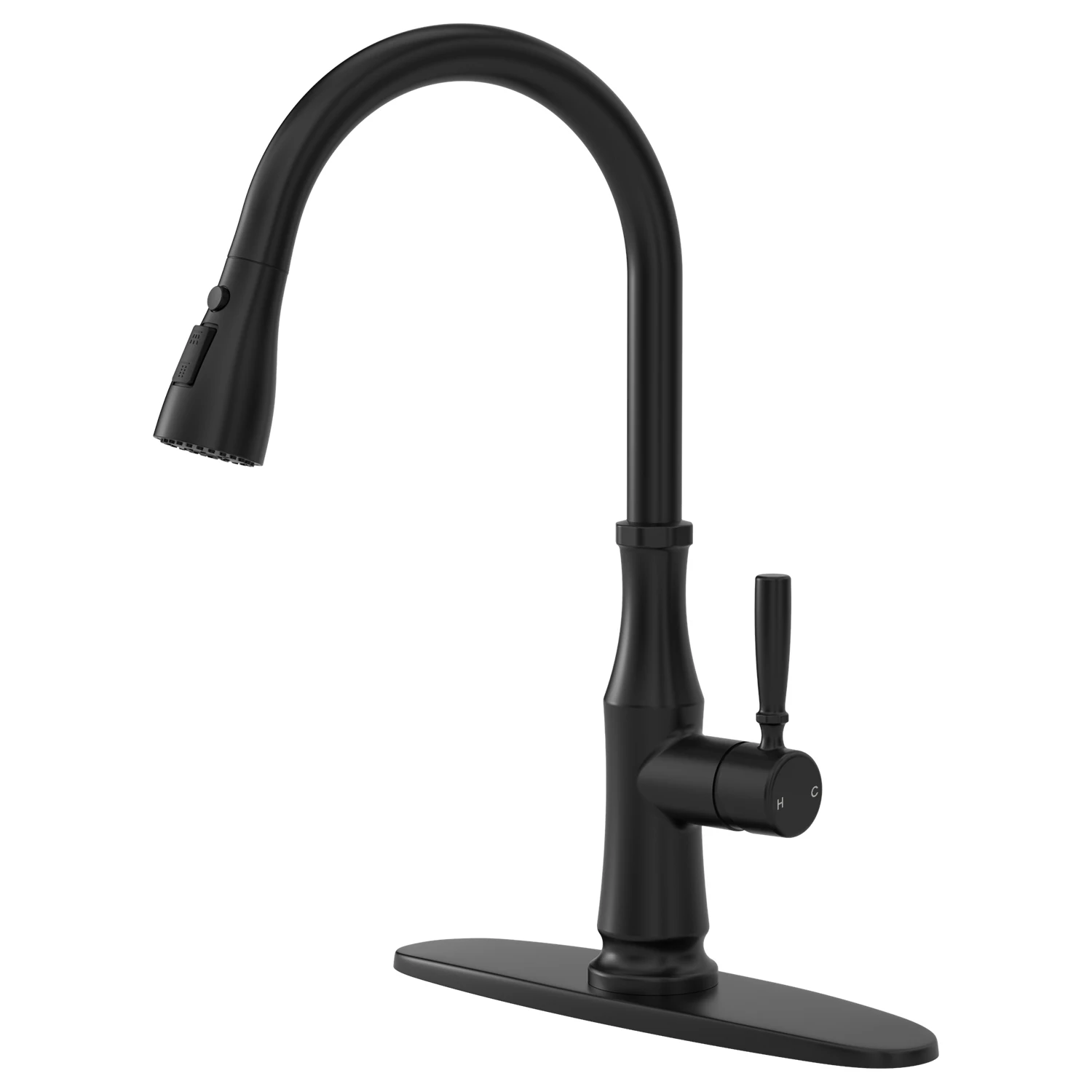 Appaso Matte Black Kitchen Faucet Pull Down Sprayer, Single Handle High Arc Commercial Style Sink Faucet, 360° Swivel Gooseneck Kitchen Tap with Deck Plate for 1/3 Hole Kitchen Sink, 3 Spray Modes