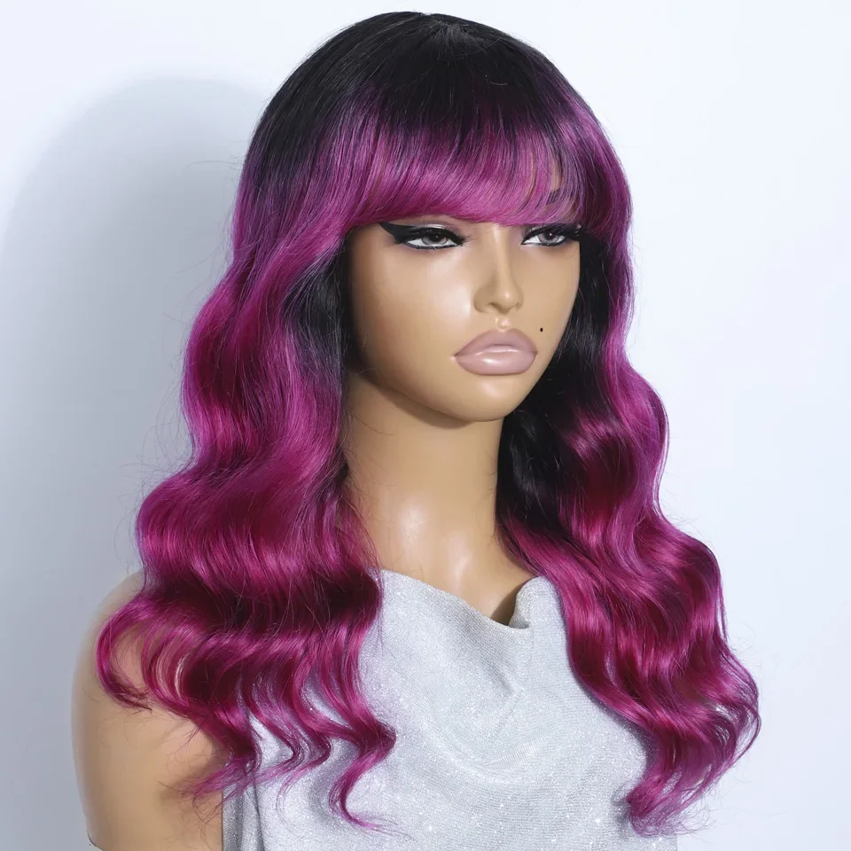 

22-дюймовые парики из натуральных волос T1B/розового цвета с волнистой текстурой и челкой, 180D, бразильские волосы, полностью машинной работы, женские парики по распродаже