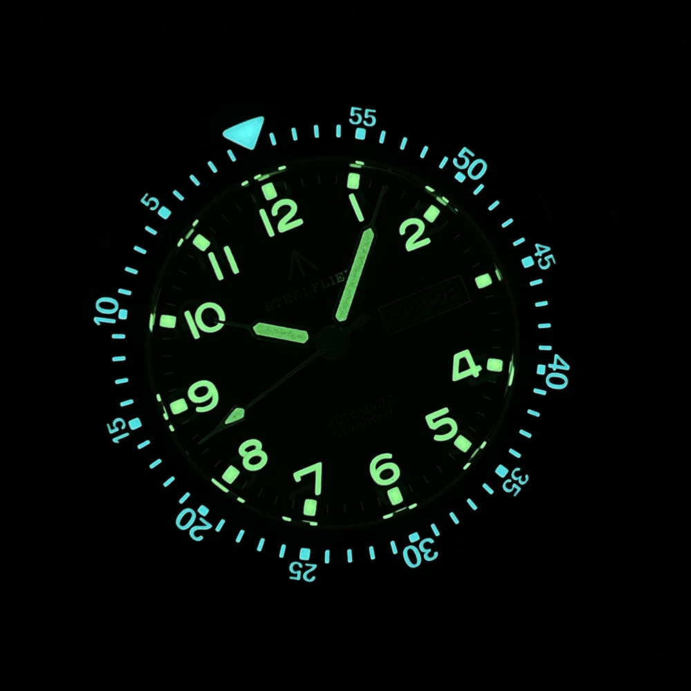 Мужские автоматические часы STEELFLIE Pilot 41 мм, спортивные механические наручные часы для дайвера, 200 м, водонепроницаемые, C3, светящийся сапфир, NH36, дата недели