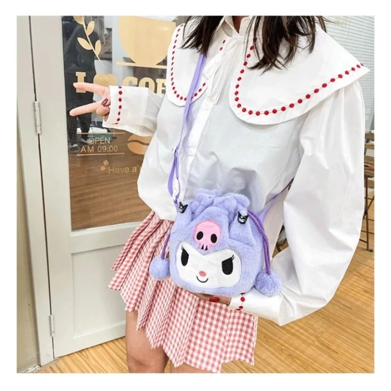 Sanrio Plush Shoulder Bag Cartoon Anime Kuromi Portable Drawstring Bag Cinnamoroll Plushies Toy My Melody Diagonal Package Gift