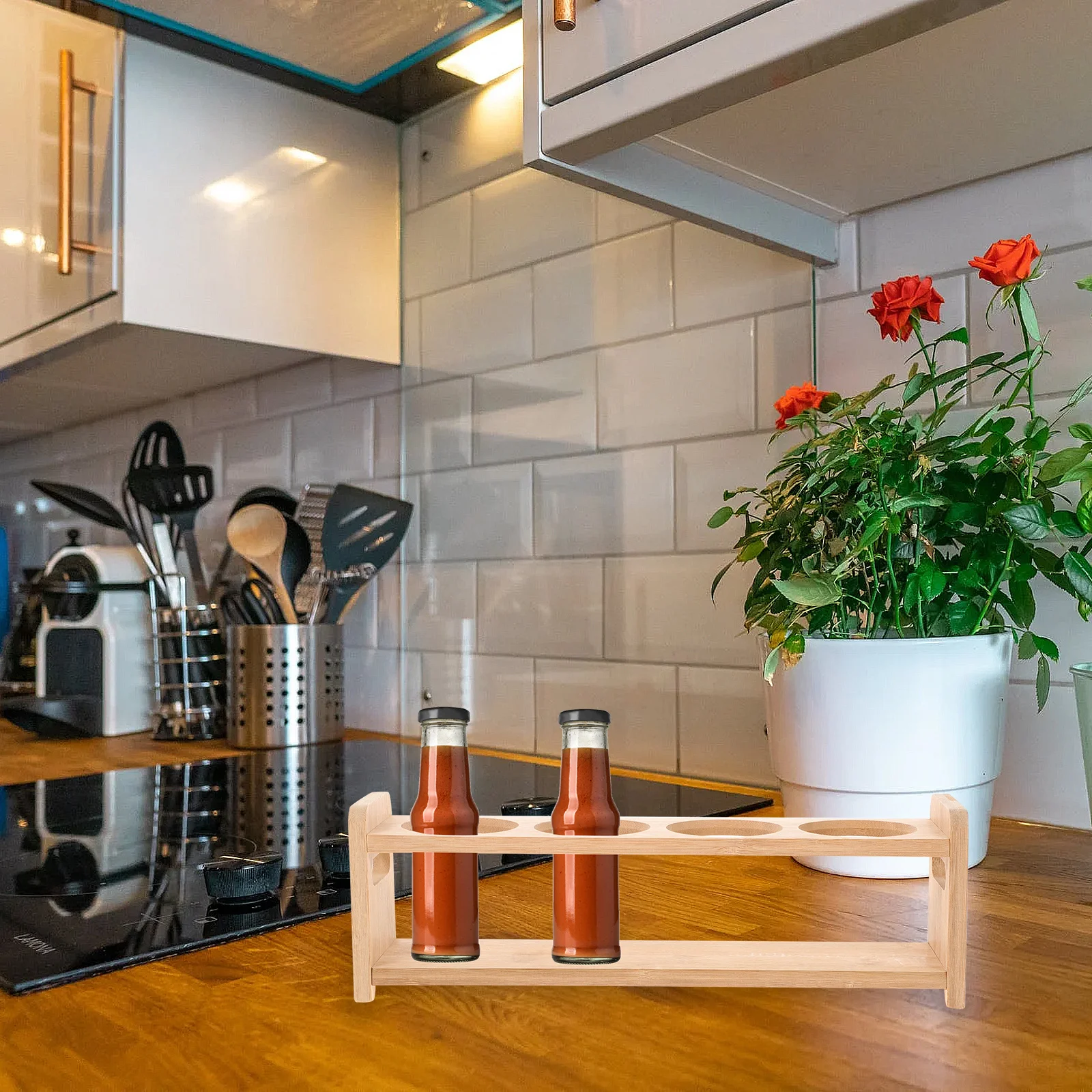 

Wooden Spice Rack Four-Holes Design Multipurpose Seasoning Storage Rack for Kitchen Home Essential Condiment Bottle Holder