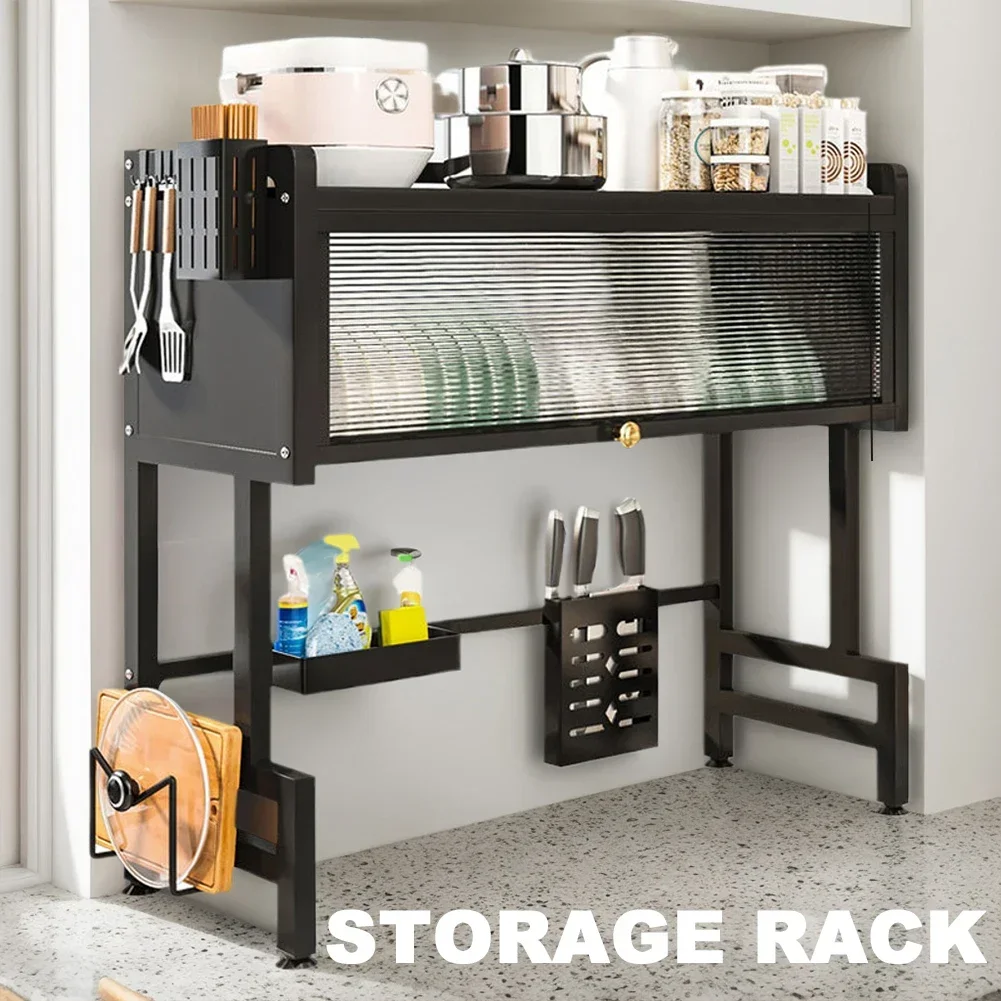 Kitchen Storage Cabinet Steel Over The Sink Dish Drying Rack 3-Tier Utensil Cup Holder Large Over The Sink Dish Rack with Cover view 4