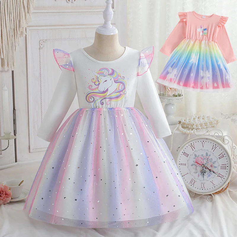 2025 New Princess Dress Unicorn Girls Dress Spring Kids Clothes Birthday Party Dress Long-sleeved for Children Rainbow 2-8Y