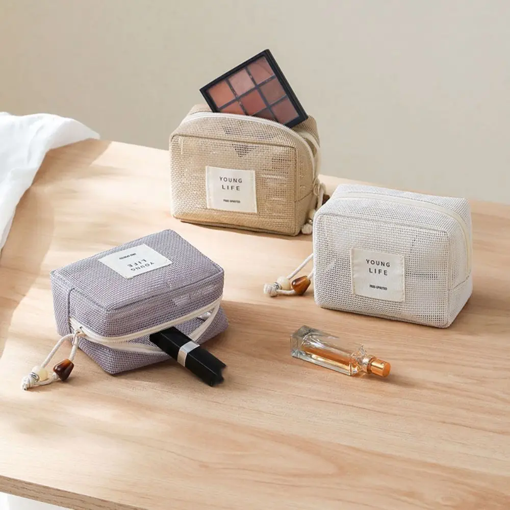 

Portable Solid Color Mesh Makeup Bag Square Lightweight Toiletry Storage Bag Handheld Large Capacity Cosmetic Cases Travel