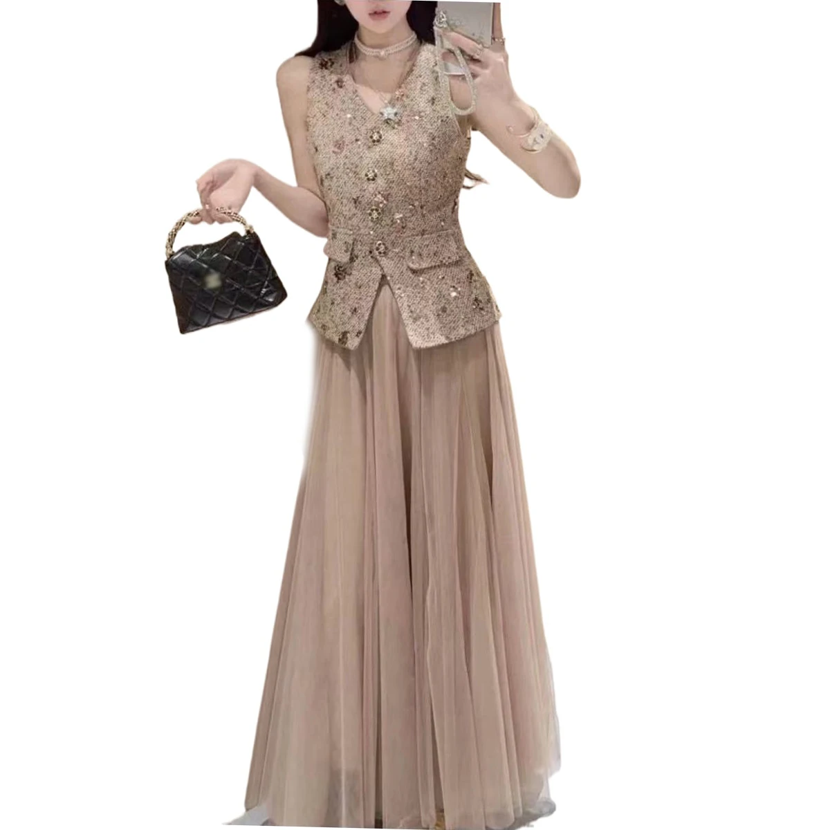 

2026 Spring Summer Heavy Industry Sequined Sleeveless Horseclip High Waisted Yarn Skirt Set