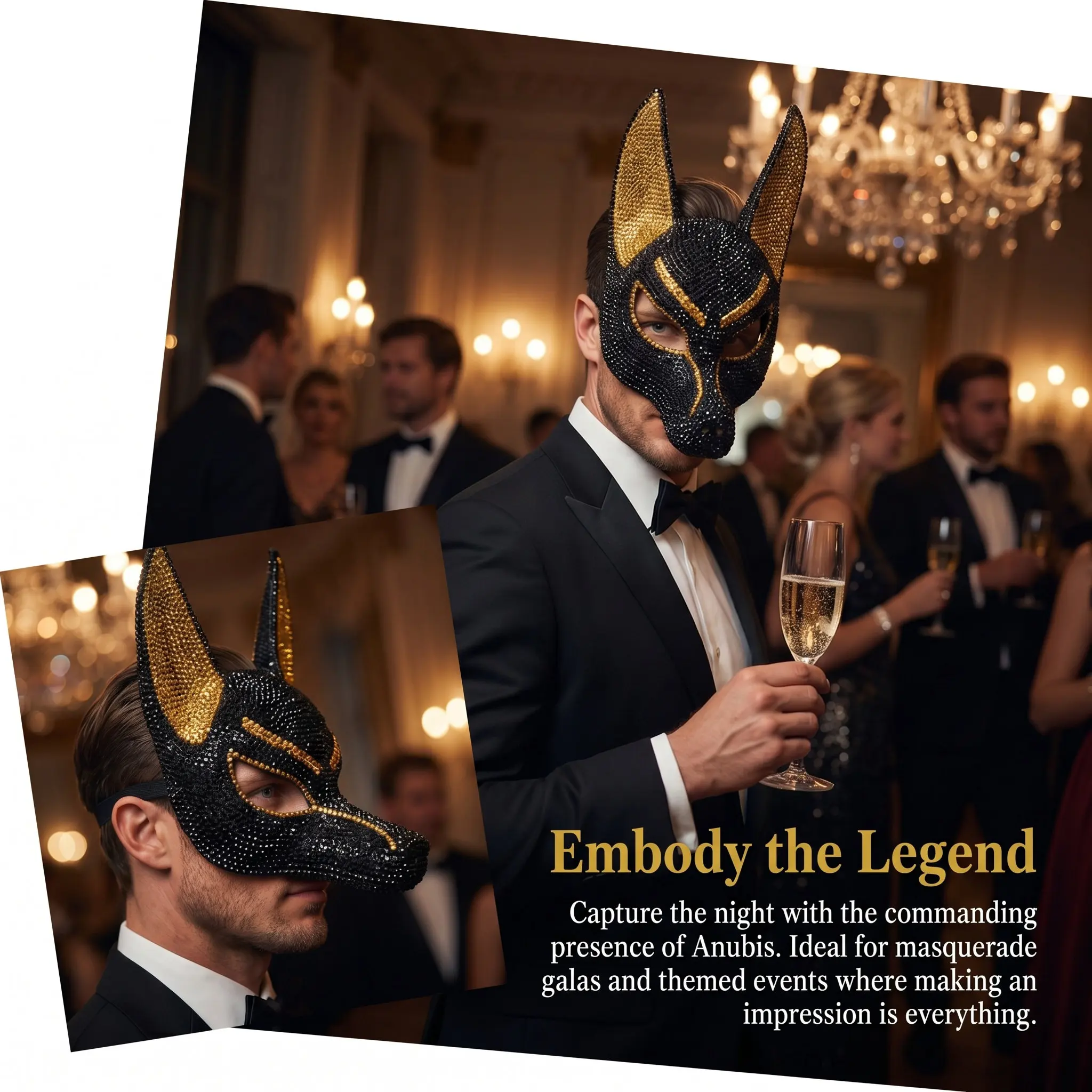 Egyptian Anubis Costume Mask Full Head Skull Design Black and Gold Jeweled Rhinestone Embellished Adult Halloween Cosplay Face