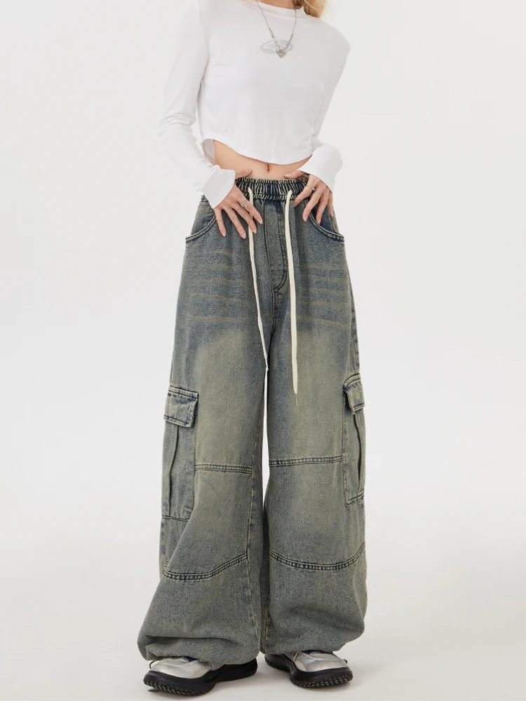 Women\'s Y2k Cargo Jeans Baggy Harajuku 90s Aesthetic Denim Trousers Vintage Jean Pants Japanese 2000s Style Trashy Clothes 2024