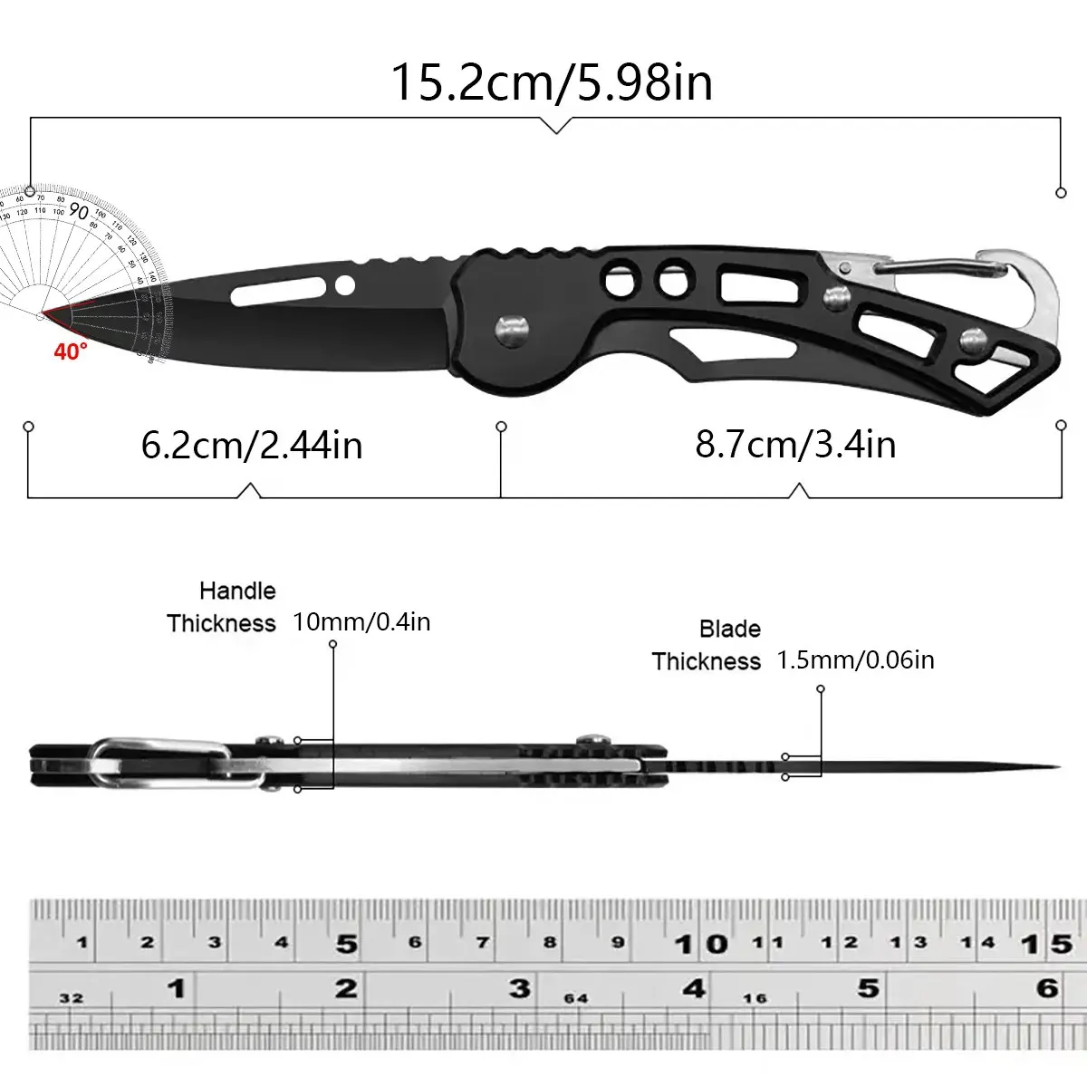 9-piece folding knife with keychain, portable outdoor survival stainless steel pocket knife - black