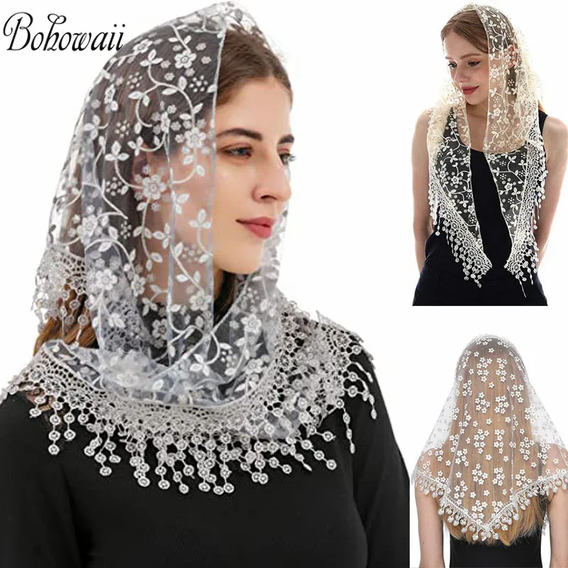 

BOHOWAII Foulard Femme Fashion Bufandas Women Hijab Triangle Lace Veil Tulle Scarf Shawl Hollow Out Voile Femme Musulman