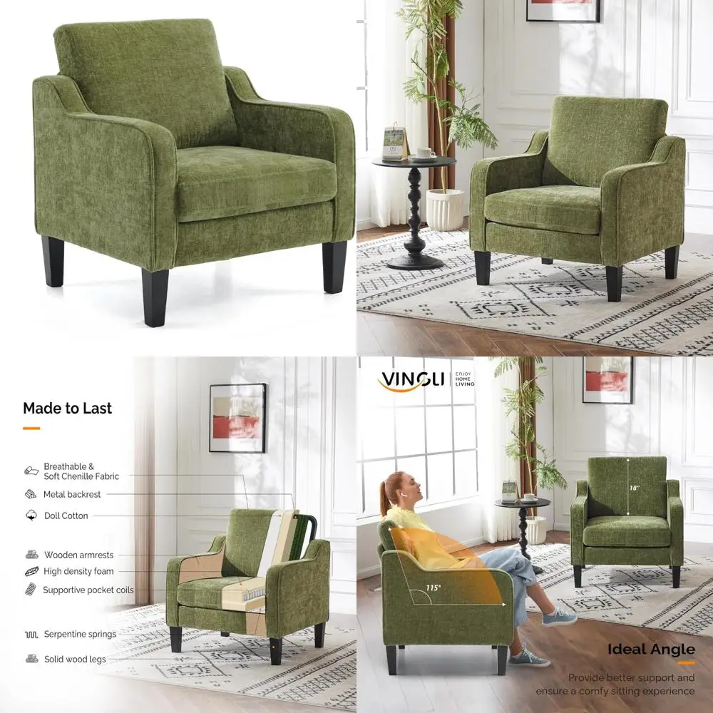 Mid Century Modern Olive Green Accent Chair with Scooped Arms for Living Room and Bedroom Reading