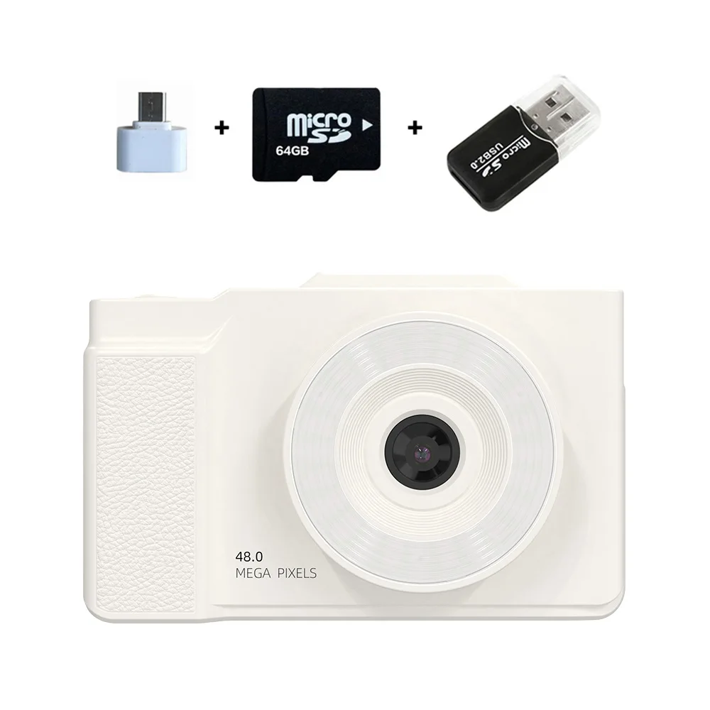 Tragbare Kamera, 1080P Spielzeugkamera, Flip-Screen, 3-Farben Fülllicht, CCD, Retro, 64GB SD-Karte, für Kinder, Schüler, Weiß