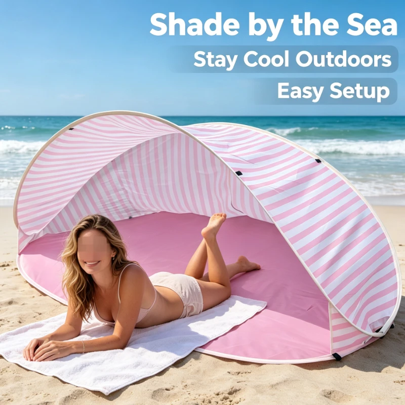 Portable Pop Up Beach Tent With Striped Pattern And Floor Mat For Seaside Camping Sun Shelter Outdoor Picnic Shade