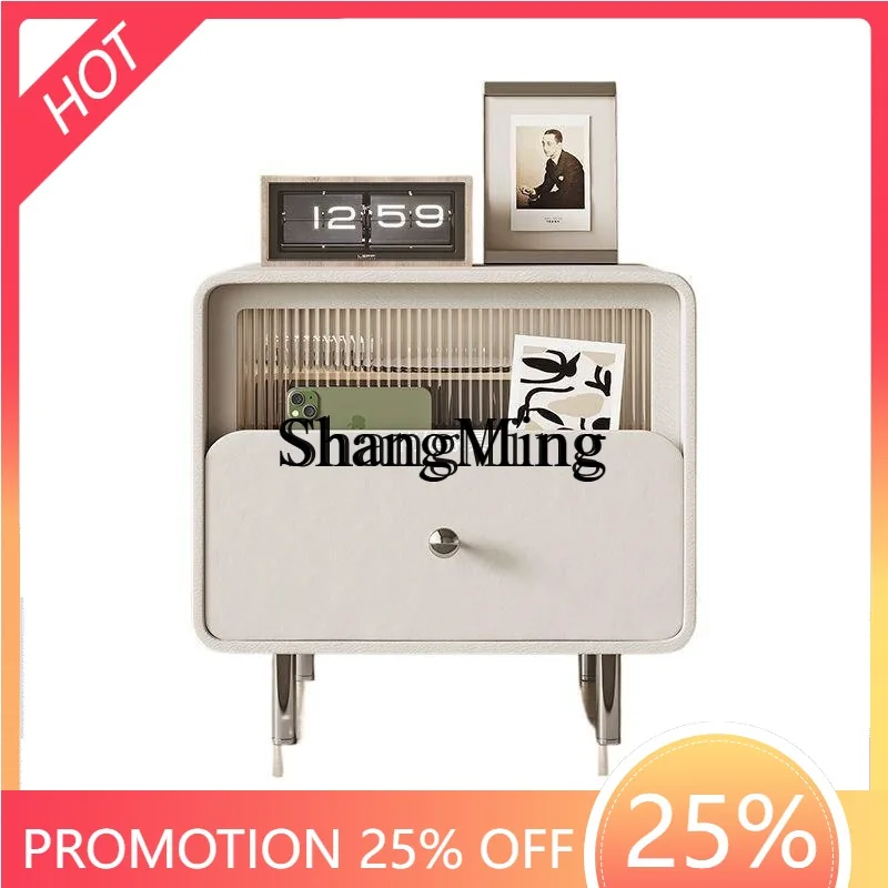 

ZYYMinimalist Luxury Solid Wood Nightstand Simple Modern Cream Storage Cabinet Black Leather Bedside Table