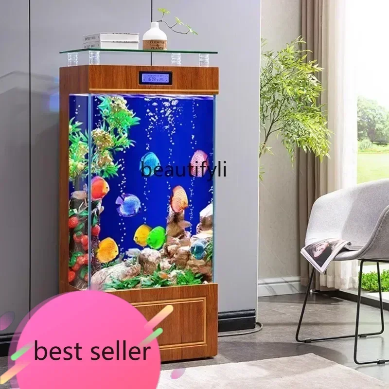 qw NEW N Square Fish Tank Living Room Small Wall TV Cabinet next to Super White Glass Change Water Lazy Household Ecological Fis
