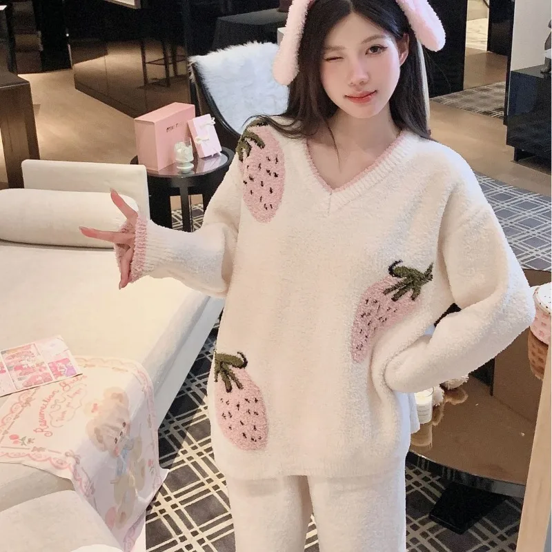 

Уютные полуфлисовые пижамы, осень-зима, клубнично-розовый свитер, утепленная мягкая свободная одежда для дома, теплая милая комбинезон в корейском стиле