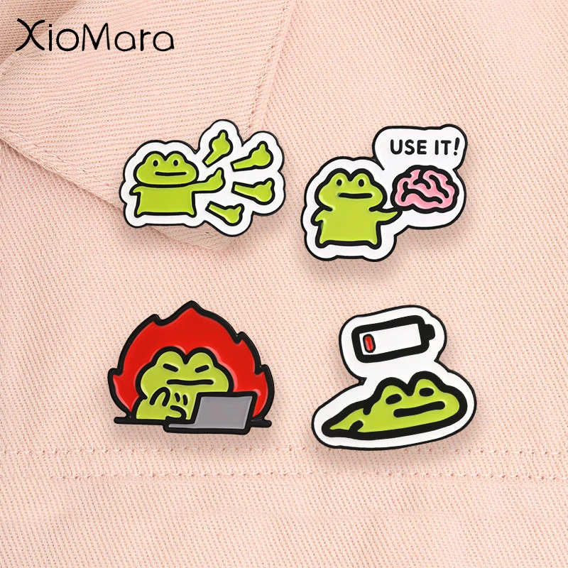 Funny Low Battery Frog Enamel Badge Thumbs Up Gesture USE IT Brain Frog Cute Playing Cat Cartoon Animal Pins Decor Jewelry Gifts