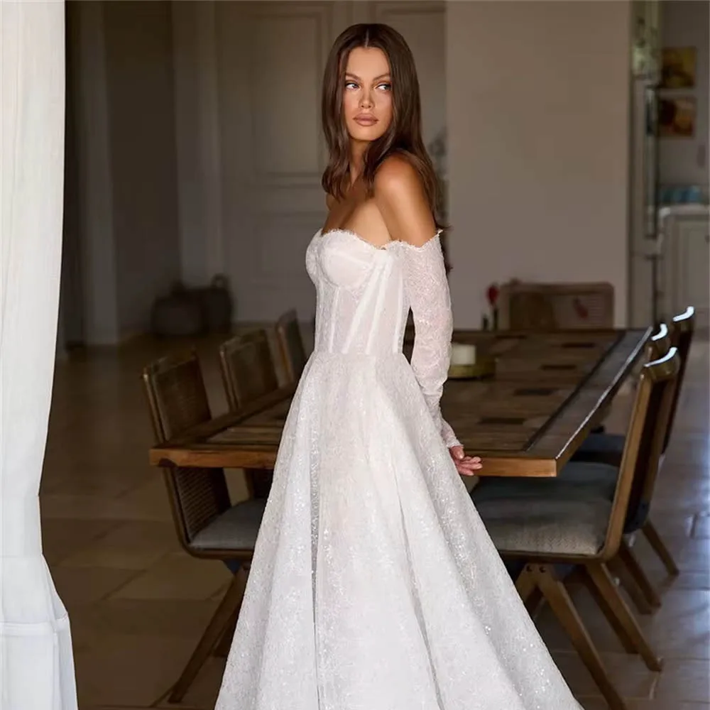 فستان زفاف مخصص قبالة الكتف قابل للانفصال للمرأة العروس بأكمام طويلة وفتحة عالية فستان زفاف كلاسيكي لامع #2