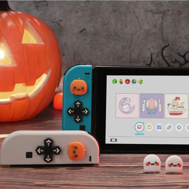 Pumpkin Ghost Silicone Soft D-pad Cross Button ABXY Key Sticker Skin Case For Switch Oled NS Joy-con Thumb Stick Grip Cap Cover