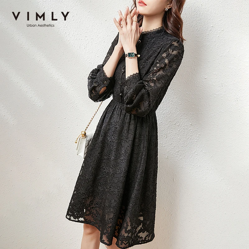 VIMLY Elegant Party Lace Dresses for Women Spring Autumn Office Lady Long Sleeve Elastic High Waist Dress Female Vestidos F6790