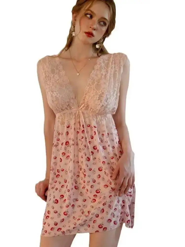 Neue Sexy Blumendruck Spitze Mesh Pure Desire Casual Style Kleid Charmantes elegantes rückenfreies tiefes V-Hosenträger ärmelloses Kleid UO4Y