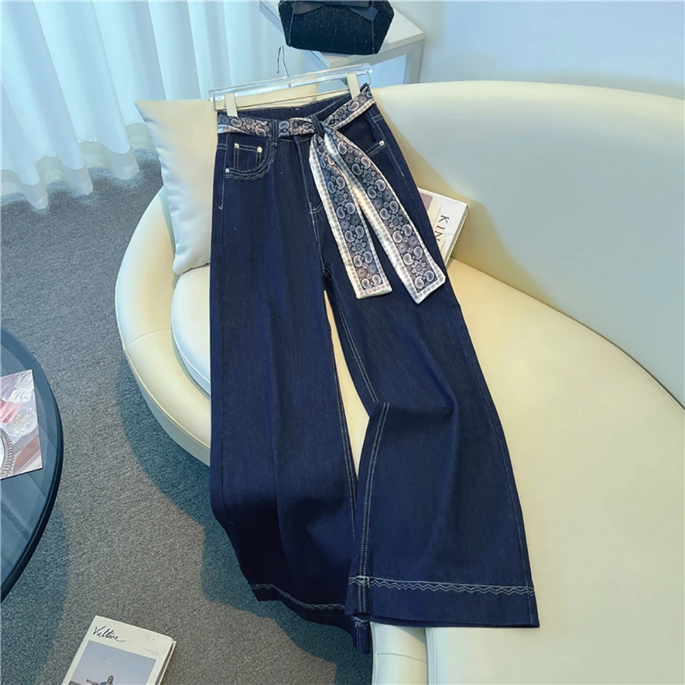 

Women Embroidery Wide Leg Jeans with Strap Spring Autumn High Waist Full Denim Pants Daily Commute Long Trousers
