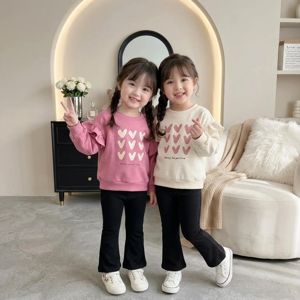 Kids Heart Round Neck Ruffled Sleeve Sweatshirt Spring Autumn Girls Pullover Sweet Casual Flare Pants Two Piece Set Trendy