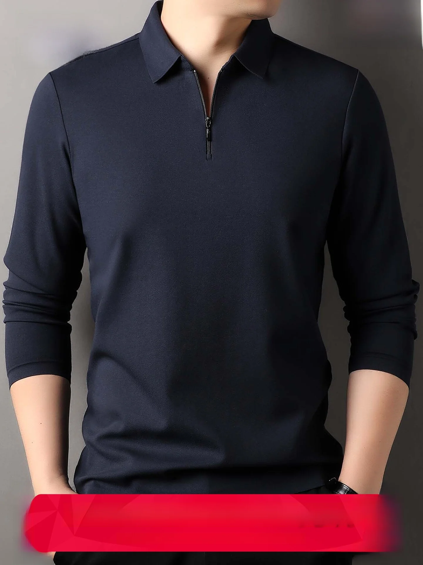 Elegant Long Sleeve  Shirt for Men Fashionable Zipper Design Pure Color Silk Wool Blend T-Shirt Suitable for Autumn Wear