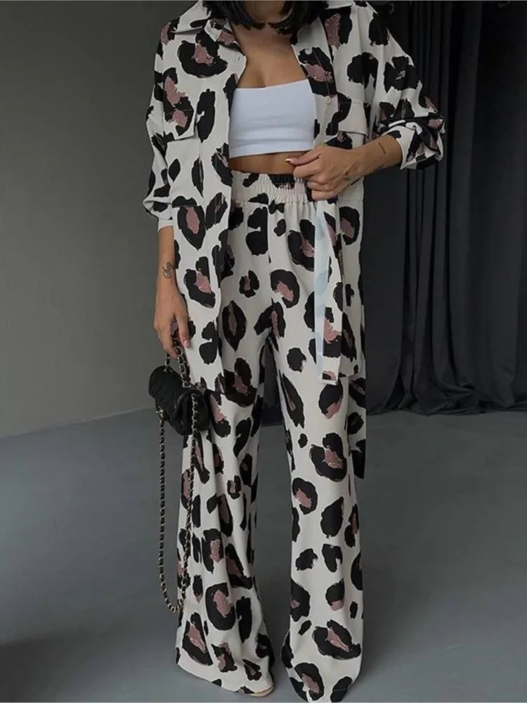 Autumn Winter Women\'s Set Lapel Casual Fashion Print Design Sense Long Sleeve Shirt Wide Leg Pants Women\'s Two Piece Set 2023