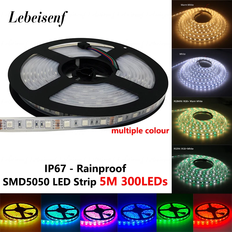 5M 300LEDs LED Rainproof Strip IP67 Sleeve 5050 SMD DC 12V Outdoor RGB W WW Warm White 60 Lights/M Waterproof Lamp Bar Lighting