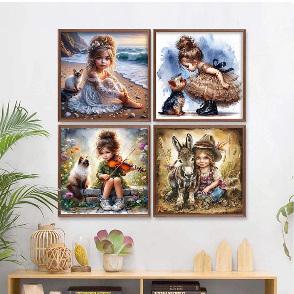 

4pcs Girl Printed Cross Stitch Kit 40x40cm DIY 14CT Thread Art Needlework Decor